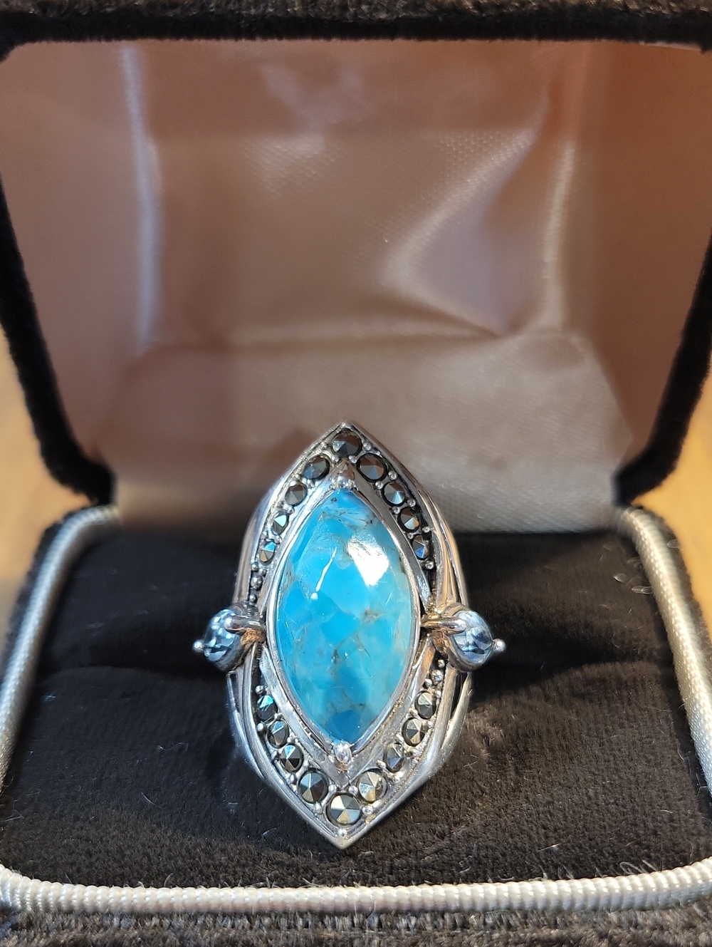 Vintage Sterling Silver 925 NF size 7.75 Turquoise Topaz Marcasite Ring 10.5g